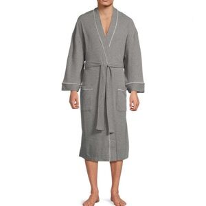 SAKS FIFTH AVENUE Mens Gray/White Cotton Blend Waffle Knit Tie Waist Robe (M/L)